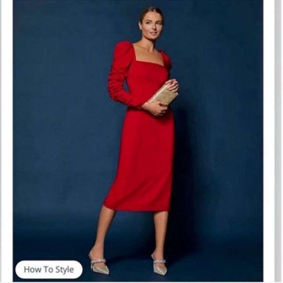 NWT Antonio MelaniElena Crepe Square Neck
Long Ruched Sleeve Midi Dress-PP14 - Picture 2 of 7